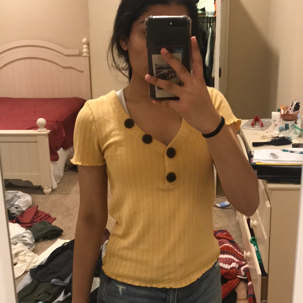 American Eagle Yellow Ribbed Asymmetric Button tee